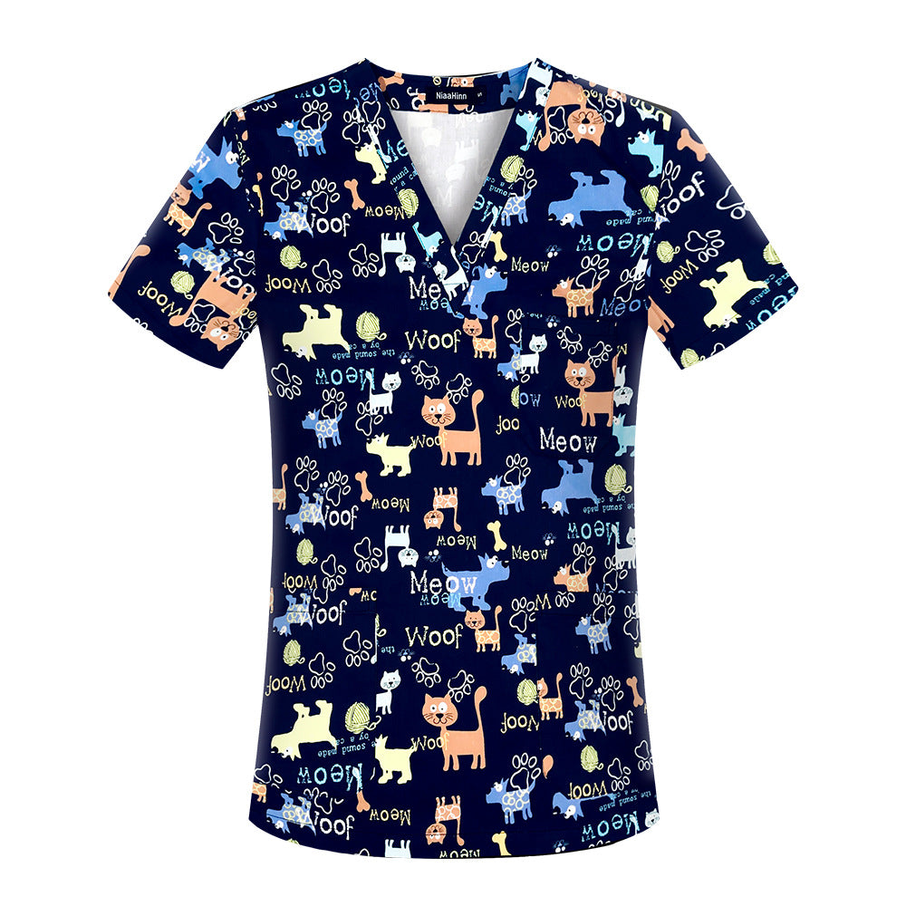 Friendly Pets  - Cartoon Graphic Short Sleeve Scrubs